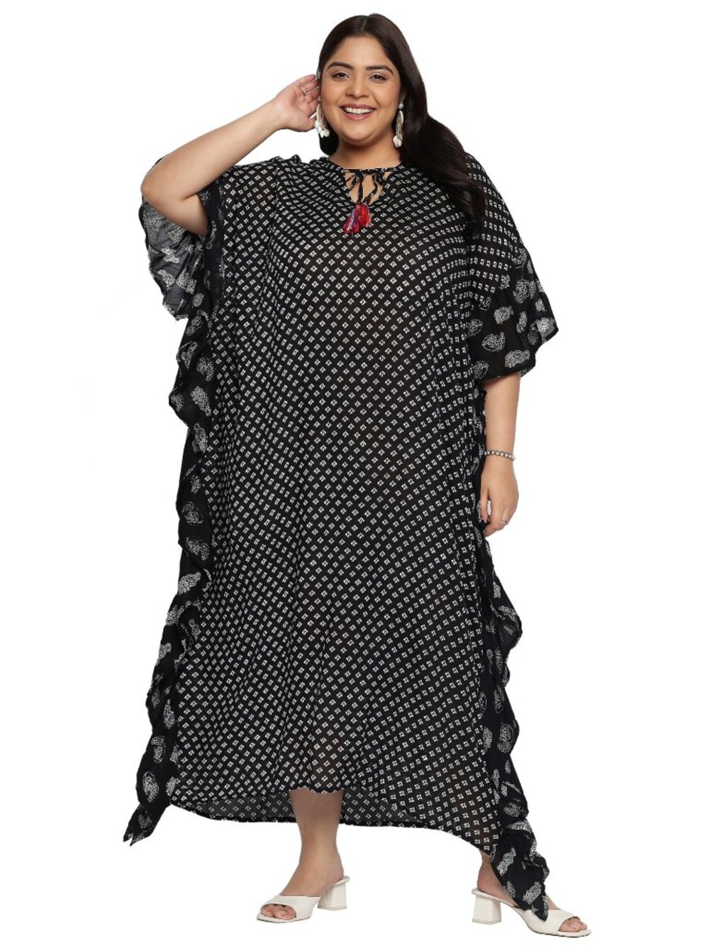 Women Plus Size Polyester Floral Printed Ruffle Kaftan Dress Stylish Maxi Dress